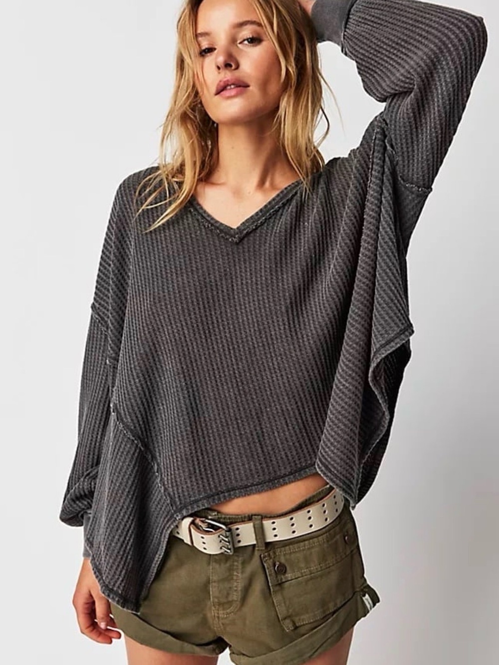 Free People Charcoal Gray Waffle Knit V-Neck Sweater
